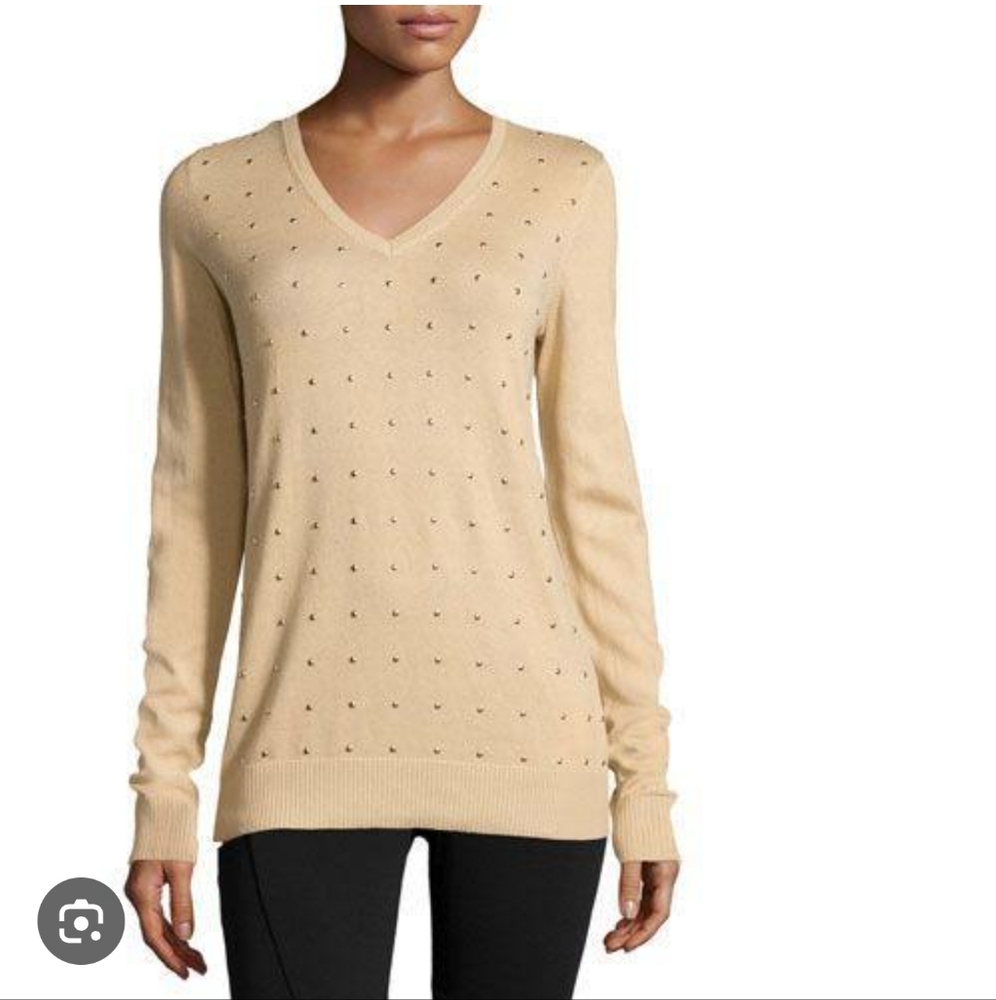 NWT Emily Daniels Rhinestone Studded V-Neck Knit Sweater Gold Cream XL